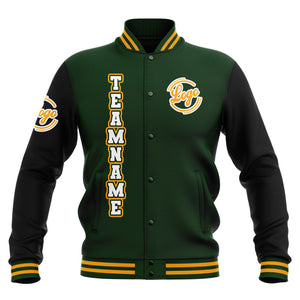 Chaquetas universitarias impermeables personalizadas en negro-verde oscuro y amarillo con nombre-número y logotipo bordados a medida
