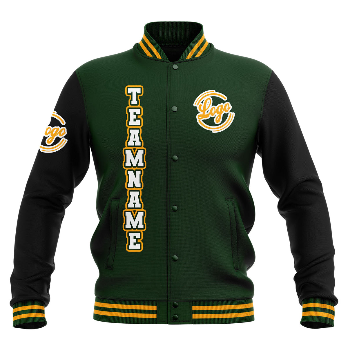 Chaquetas universitarias impermeables personalizadas en negro-verde oscuro y amarillo con nombre-número y logotipo bordados a medida