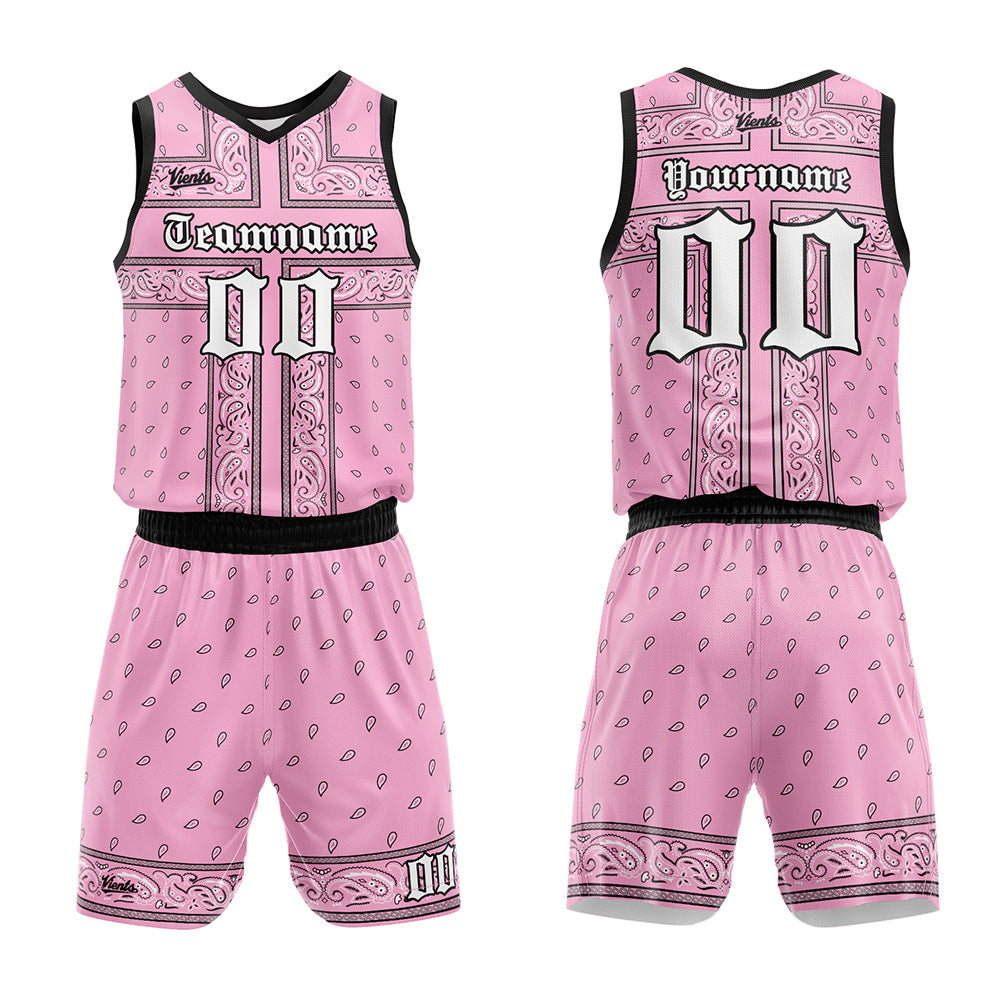 Uniforme de baloncesto rosa y negro personalizado con tu logotipo-nombre y número impresos