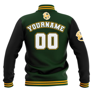 Chaquetas universitarias impermeables personalizadas en negro-verde oscuro y amarillo con nombre-número y logotipo bordados a medida