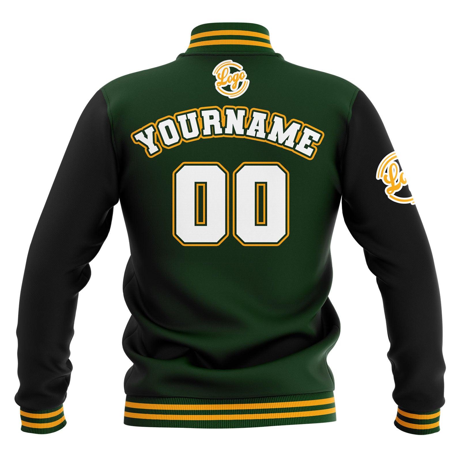 Chaquetas universitarias impermeables personalizadas en negro-verde oscuro y amarillo con nombre-número y logotipo bordados a medida
