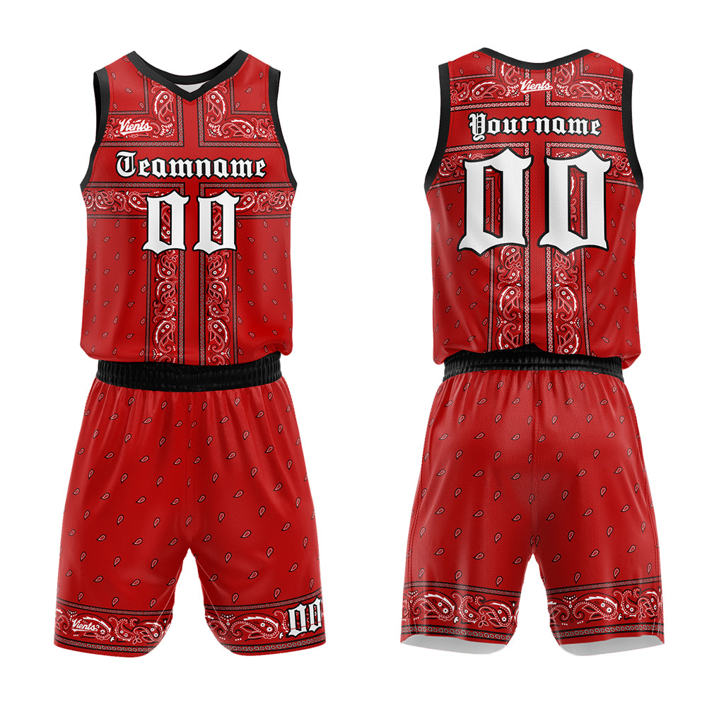 Uniforme de baloncesto personalizado rojo y negro con tu logotipo-nombre y número impresos