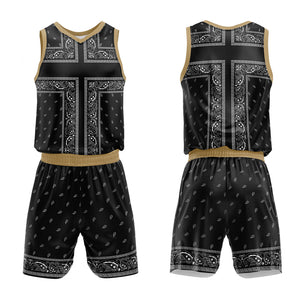 Uniforme de baloncesto personalizado en negro y dorado con tu logotipo-nombre y número impresos
