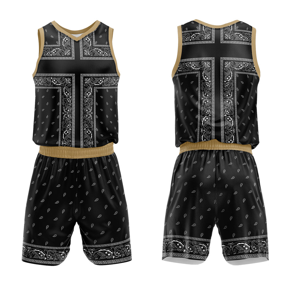 Uniforme de baloncesto personalizado en negro y dorado con tu logotipo-nombre y número impresos