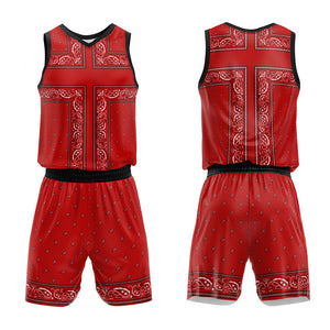 Uniforme de baloncesto personalizado rojo y negro con tu logotipo-nombre y número impresos