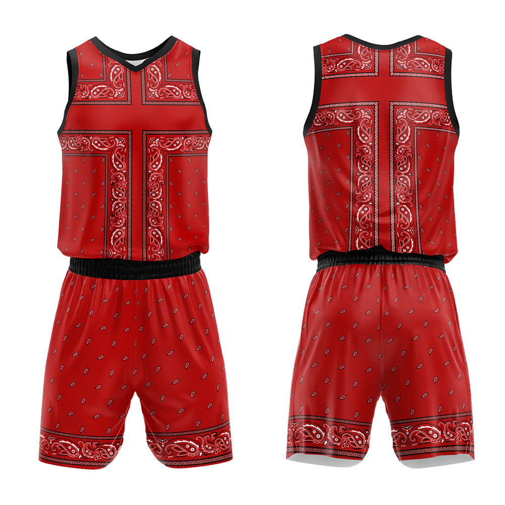 Uniforme de baloncesto personalizado rojo y negro con tu logotipo-nombre y número impresos