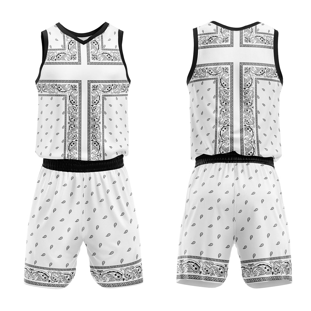 Uniforme de baloncesto personalizado blanco y negro con tu logotipo-nombre y número impresos