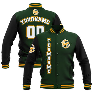 Chaquetas universitarias impermeables personalizadas en negro-verde oscuro y amarillo con nombre-número y logotipo bordados a medida