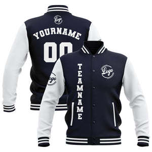 Chaquetas universitarias impermeables personalizadas en azul marino y blanco con nombre-número y logotipo bordados a medida