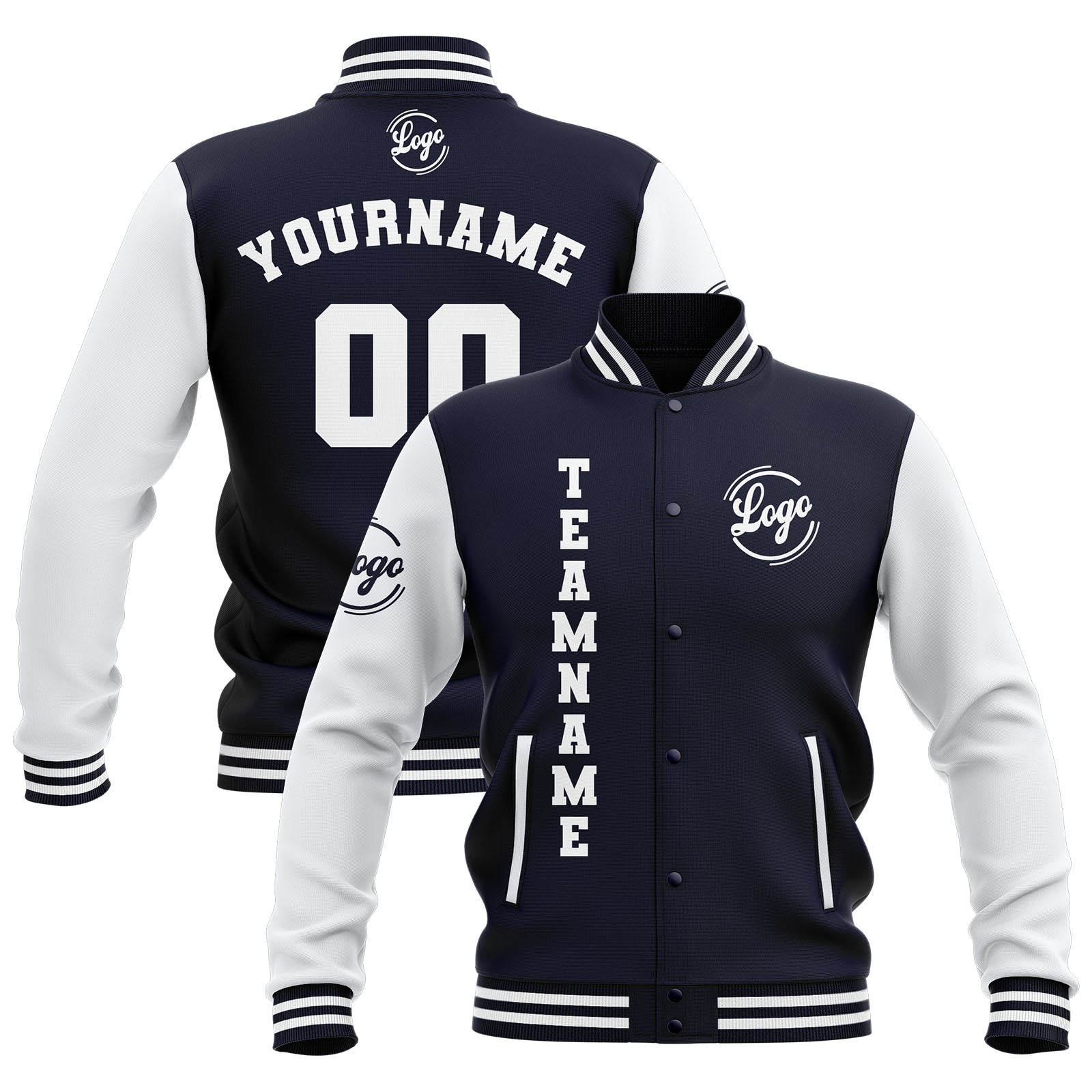 Chaquetas universitarias impermeables personalizadas en azul marino y blanco con nombre-número y logotipo bordados a medida