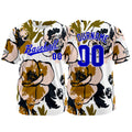 Camiseta de béisbol con dise?o personalizado estampado completo en blanco marrón negro y azul