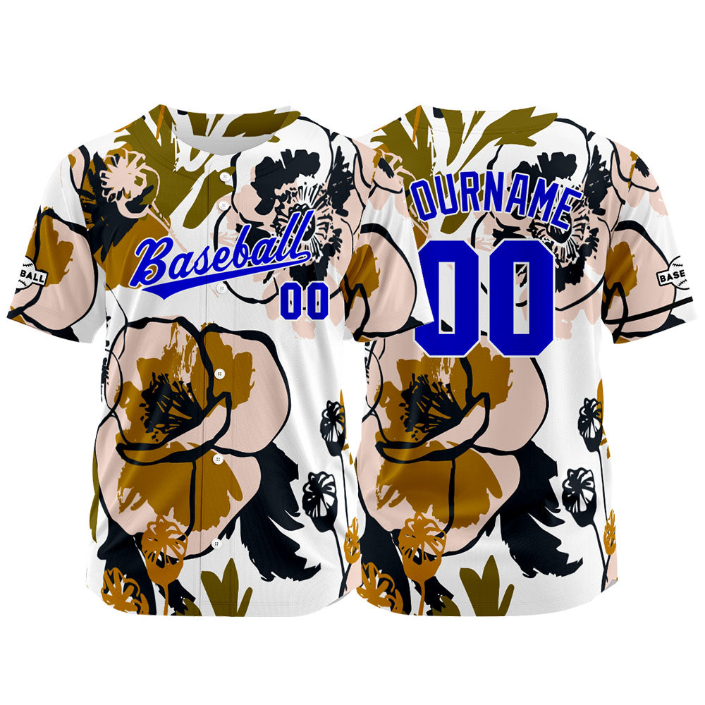 Camiseta de béisbol con dise?o personalizado estampado completo en blanco marrón negro y azul