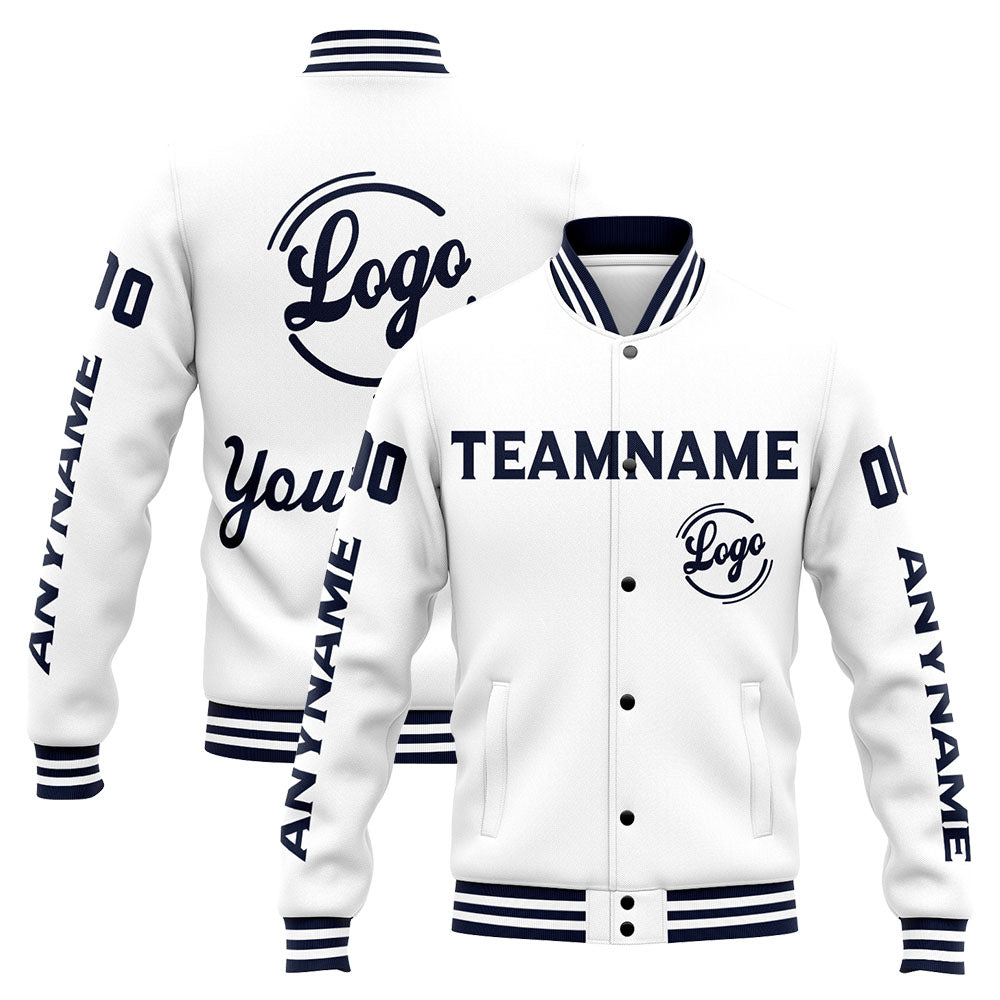 Chaqueta universitaria personalizada estilo Letterman para hombres-mujeres y jóvenes-color azul marino y blanco