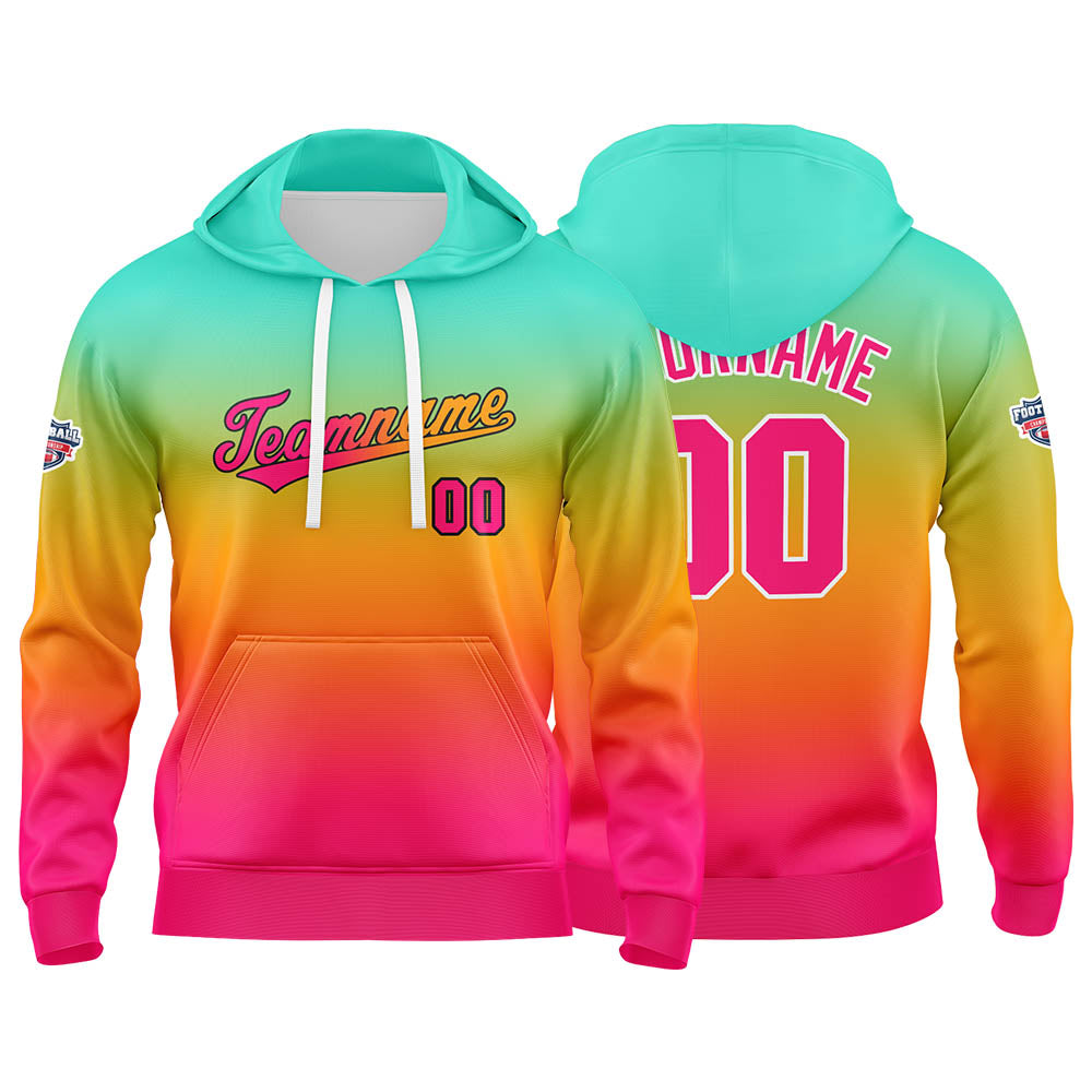 Sudadera con capucha personalizada con degradado para hombre-mujer-niña o niño Estampa tu logotipo-nombre o número en verde-naranja o rosa