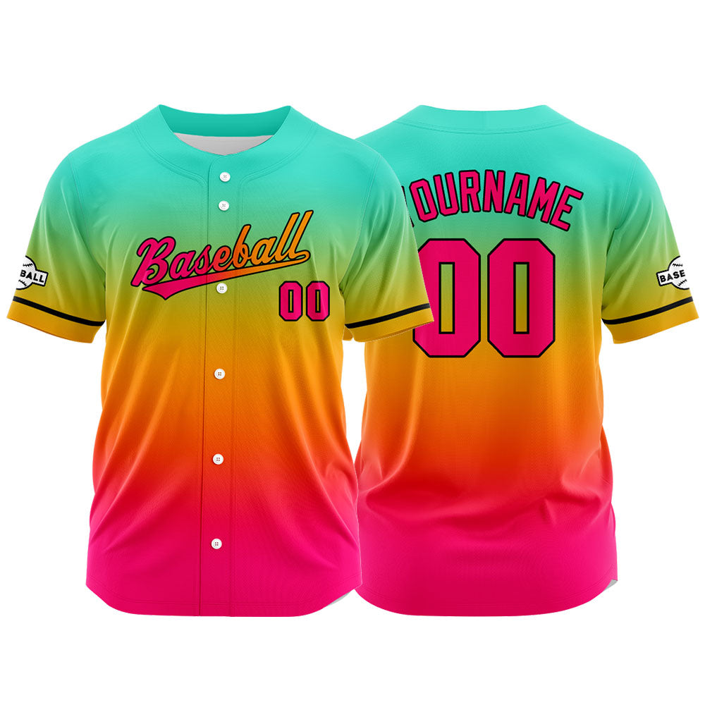 Dise?o personalizado de camiseta de béisbol con estampado completo en rosa rojo naranja y aguamarina