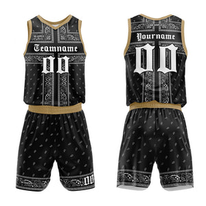Uniforme de baloncesto personalizado en negro y dorado con tu logotipo-nombre y número impresos