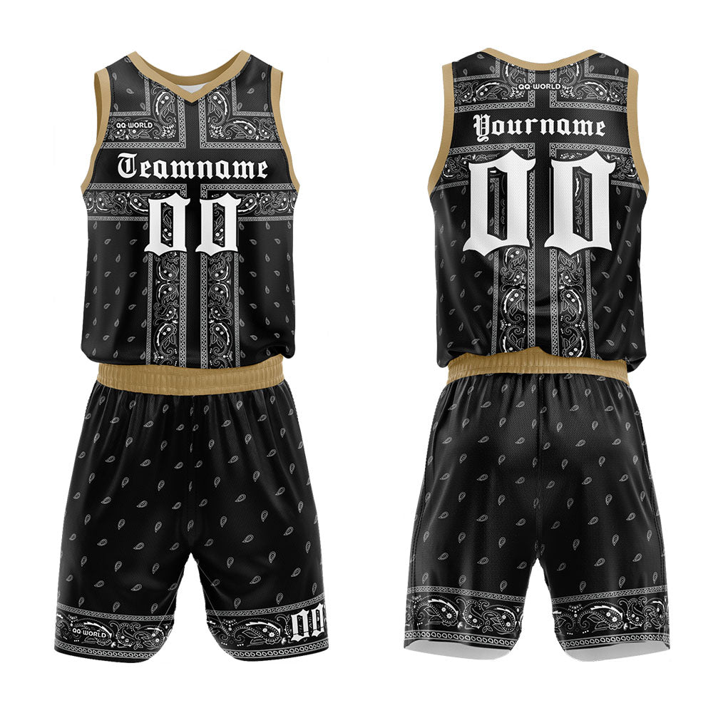 Uniforme de baloncesto personalizado en negro y dorado con tu logotipo-nombre y número impresos