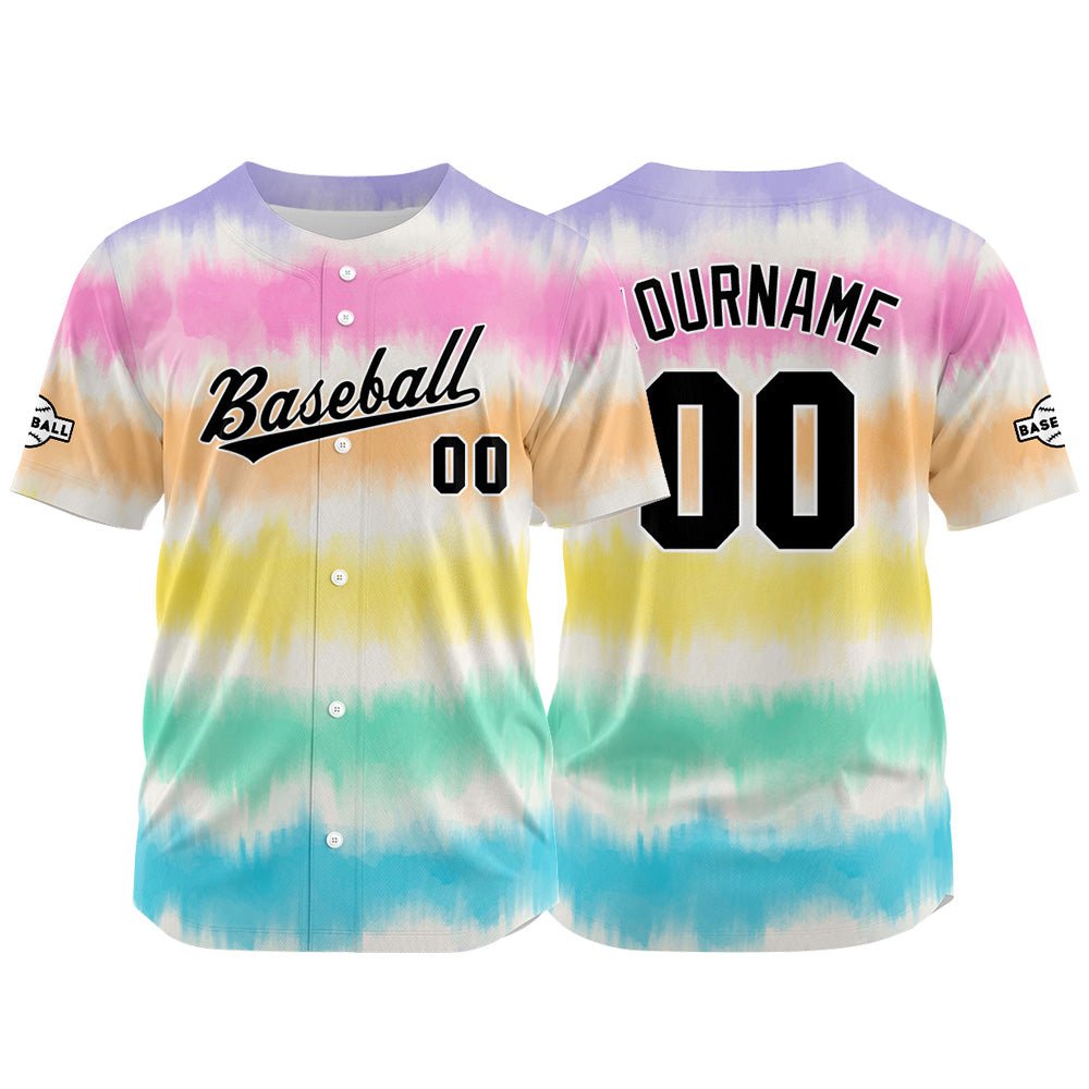 Dise?o personalizado de camiseta de béisbol con estampado completo en amarillo rosa y aguamarina