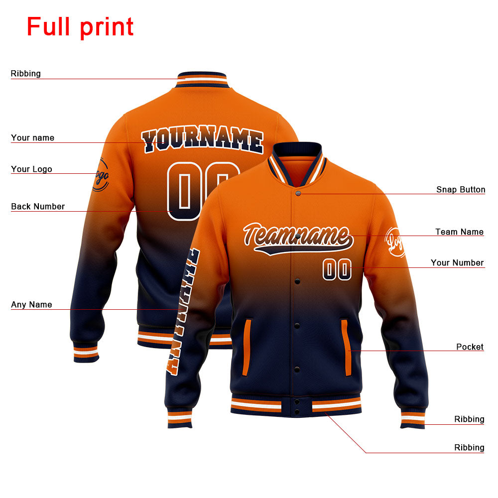 Chaqueta universitaria personalizada estilo Letterman para hombres-mujeres y jóvenes-color azul marino y naranja