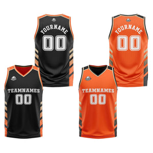Traje de baloncesto reversible negro-naranja y dorado personalizado para adultos y niños
