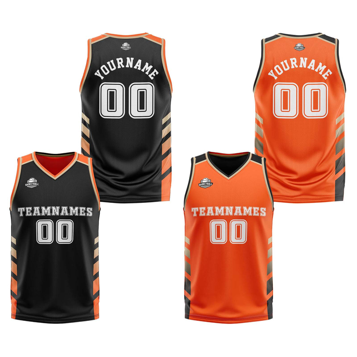 Traje de baloncesto reversible negro-naranja y dorado personalizado para adultos y niños