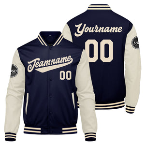 Chaqueta universitaria personalizada estilo Letterman para hombres-mujeres y jóvenes-color azul marino y crema