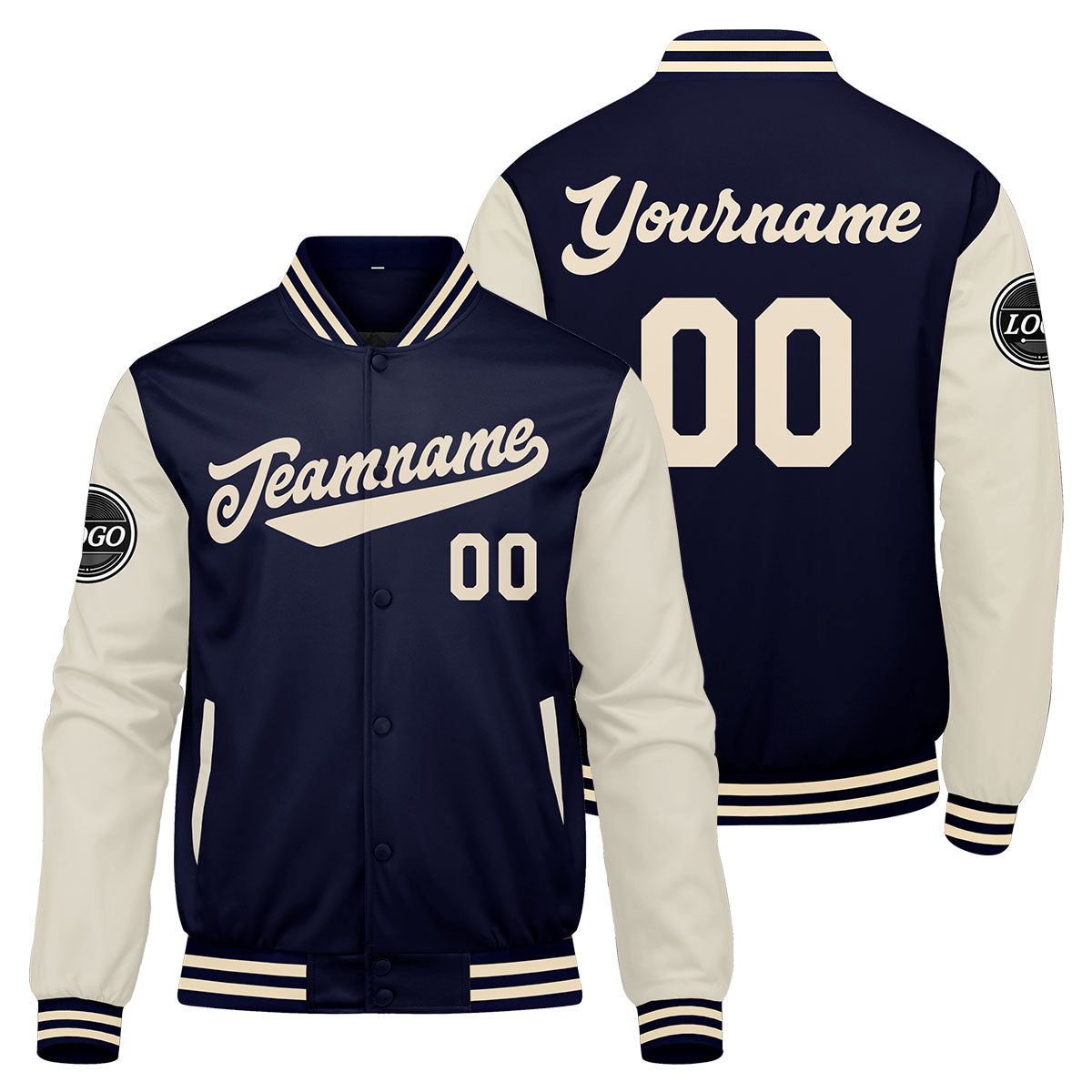 Chaqueta universitaria personalizada estilo Letterman para hombres-mujeres y jóvenes-color azul marino y crema
