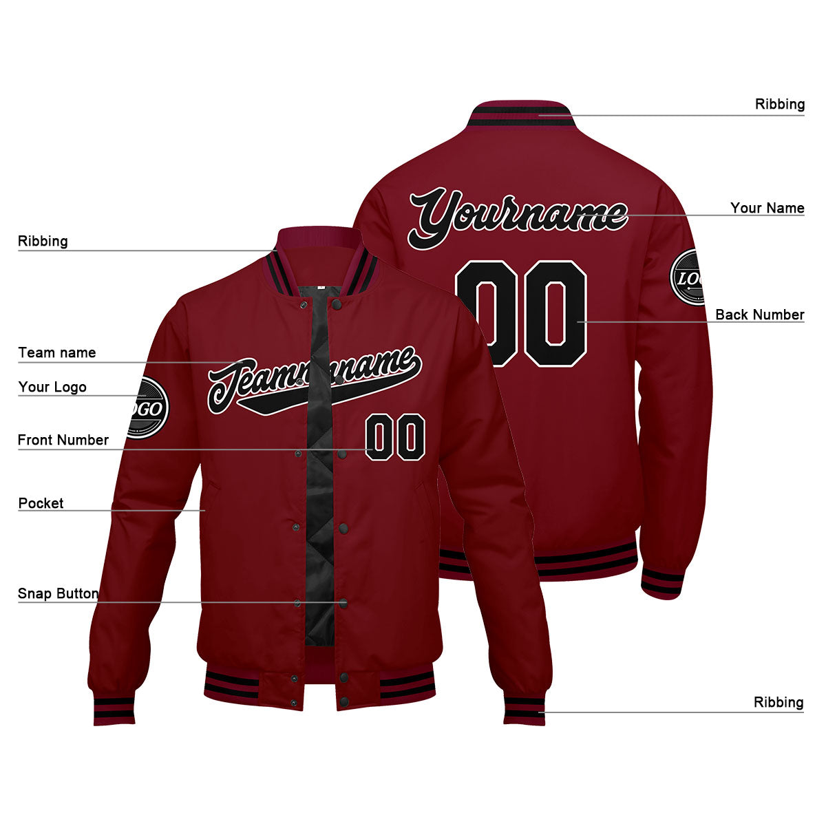 Chaqueta universitaria personalizada estilo Letterman para hombres-mujeres y jóvenes-color carmesí y negro