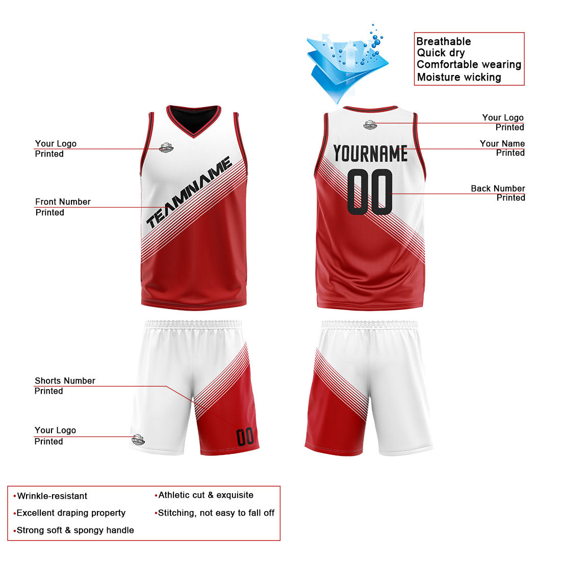 Traje de baloncesto reversible personalizado para adultos y niños-camiseta personalizada en negro y rojo