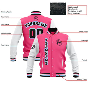 Chaquetas universitarias impermeables personalizadas en rosa-blanco y negro con nombre-número y logotipo bordados