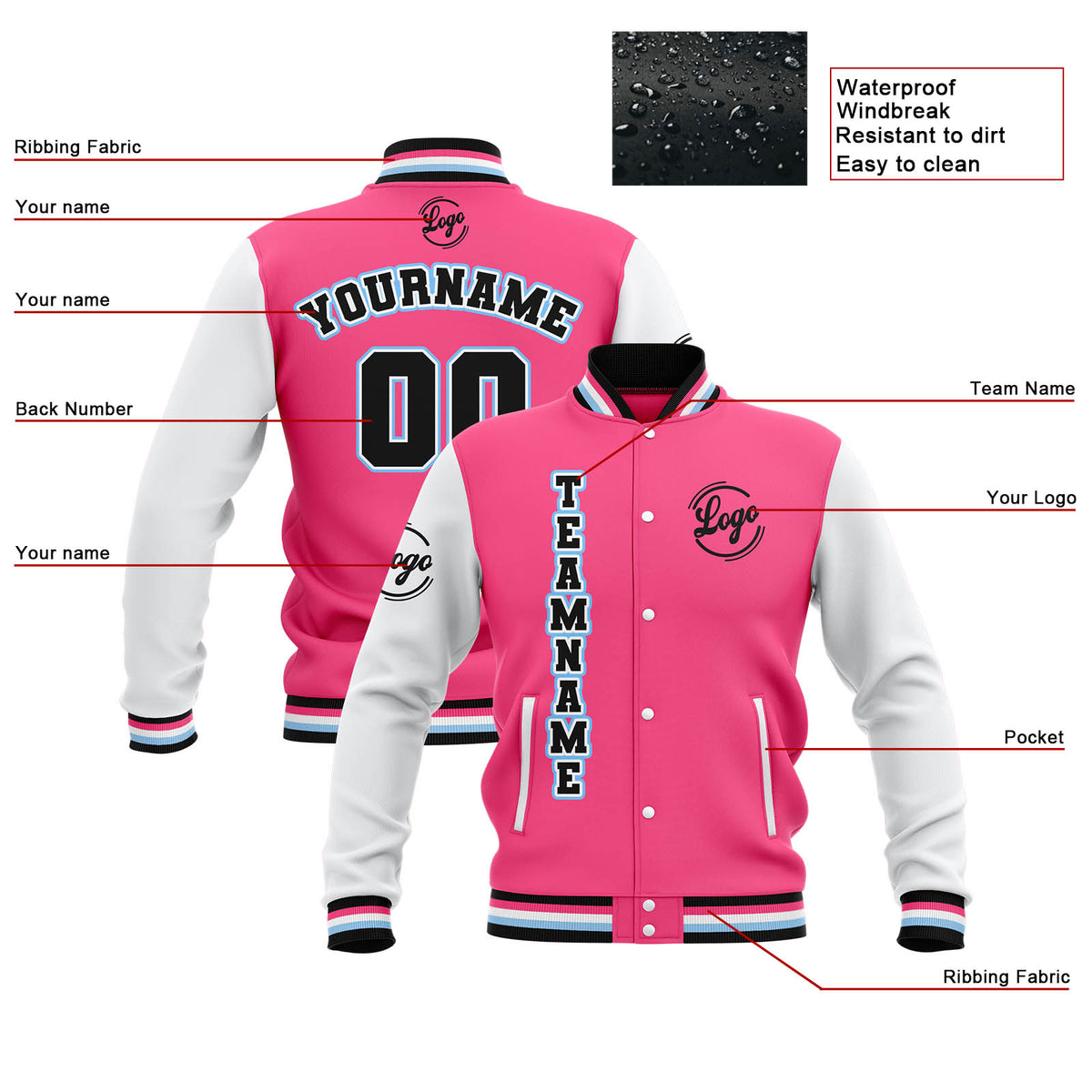 Chaquetas universitarias impermeables personalizadas en rosa-blanco y negro con nombre-número y logotipo bordados