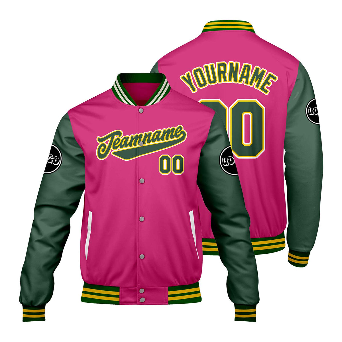 Chaquetas universitarias personalizadas en rosa y verde para hombres & mujeres y jóvenes & Chaquetas Letterman personalizadas