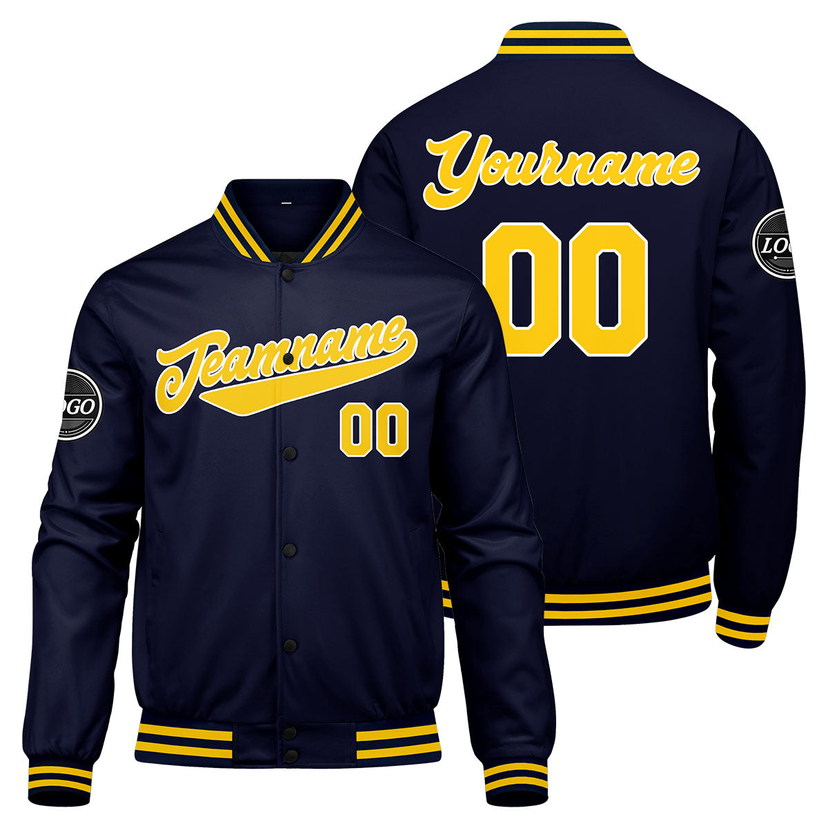 Chaqueta universitaria personalizada estilo Letterman para hombres & mujeres y jóvenes & color azul marino y amarillo