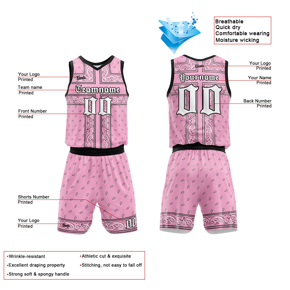 Uniforme de baloncesto rosa y negro personalizado con tu logotipo-nombre y número impresos