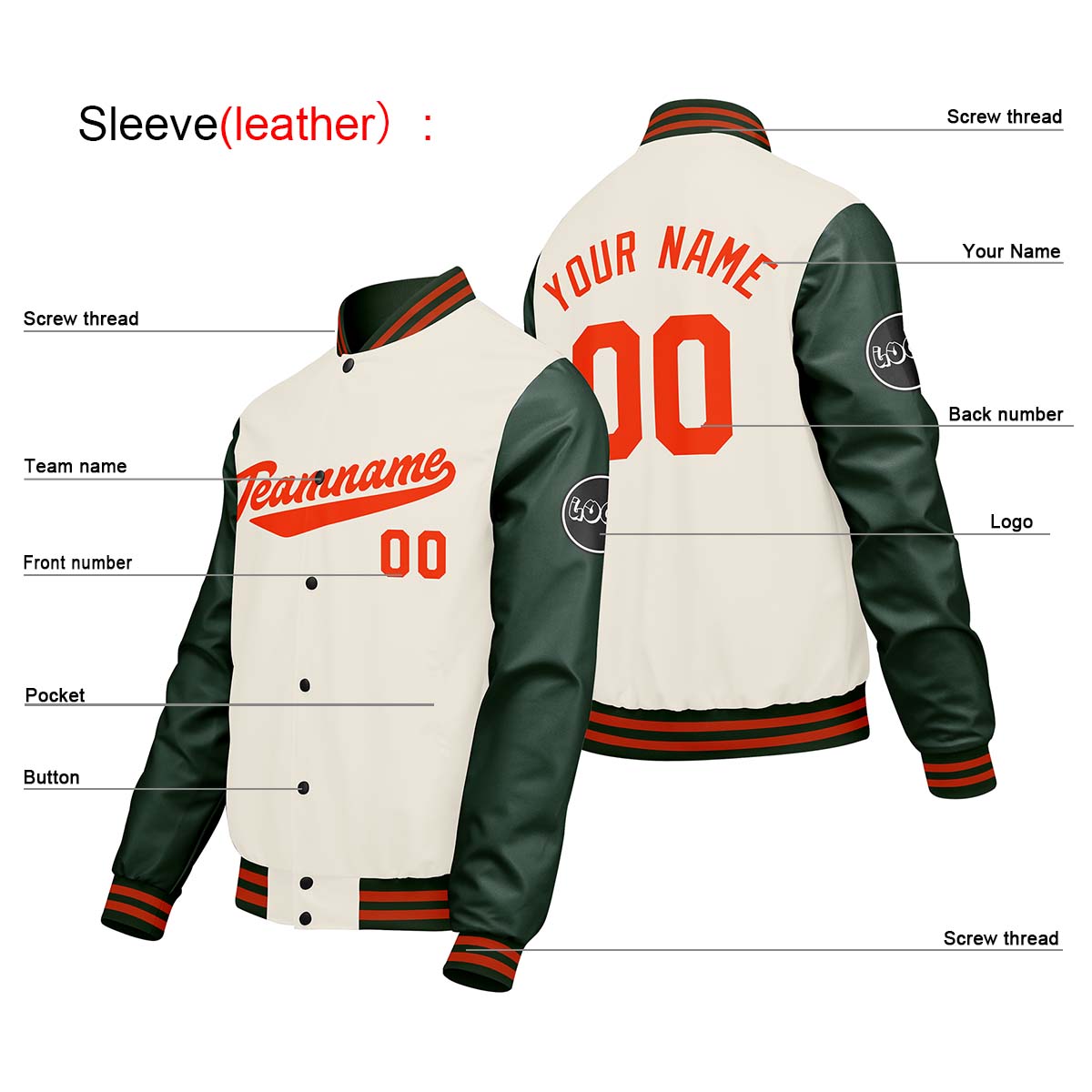 Chaquetas universitarias personalizadas en color crema & blanco y verde para hombres & mujeres y jóvenes & Chaquetas Letterman personalizadas