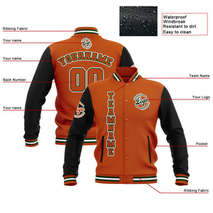 Chaquetas universitarias impermeables personalizadas en negro-naranja y verde con nombre-número y logotipo bordados