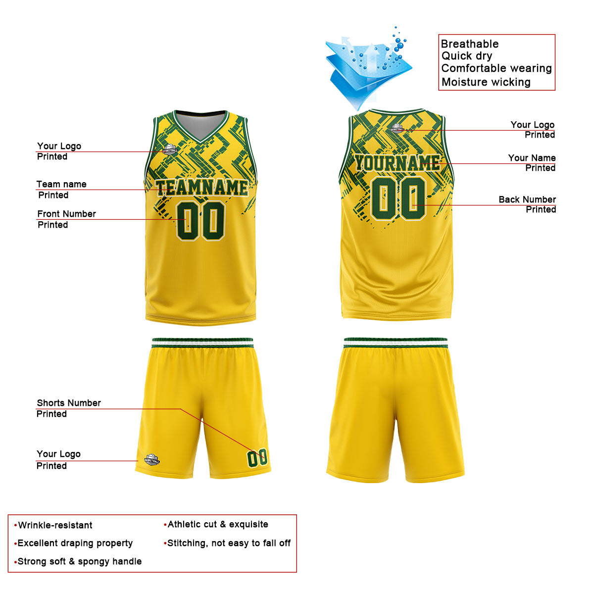 Uniforme de baloncesto personalizado amarillo y verde con tu logotipo-nombre y número impresos