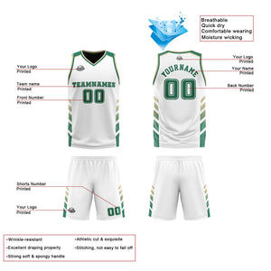 Traje de baloncesto reversible personalizado en blanco-verde cazador y beige para adultos y niños