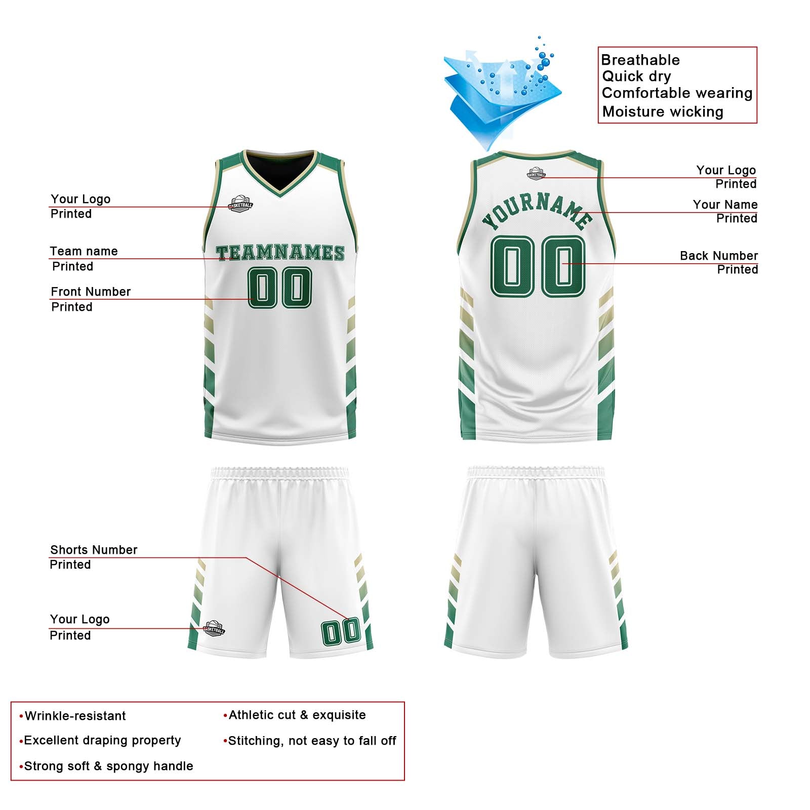 Traje de baloncesto reversible personalizado en blanco-verde cazador y beige para adultos y niños