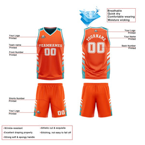 Traje de baloncesto reversible personalizado en naranja-turquesa y blanco para adultos y niños