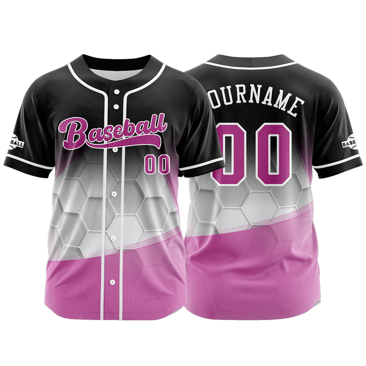 Camiseta de béisbol personalizada negra y rosa con botones para hombre mujer adulto y joven Estampado de nombre número y logotipo