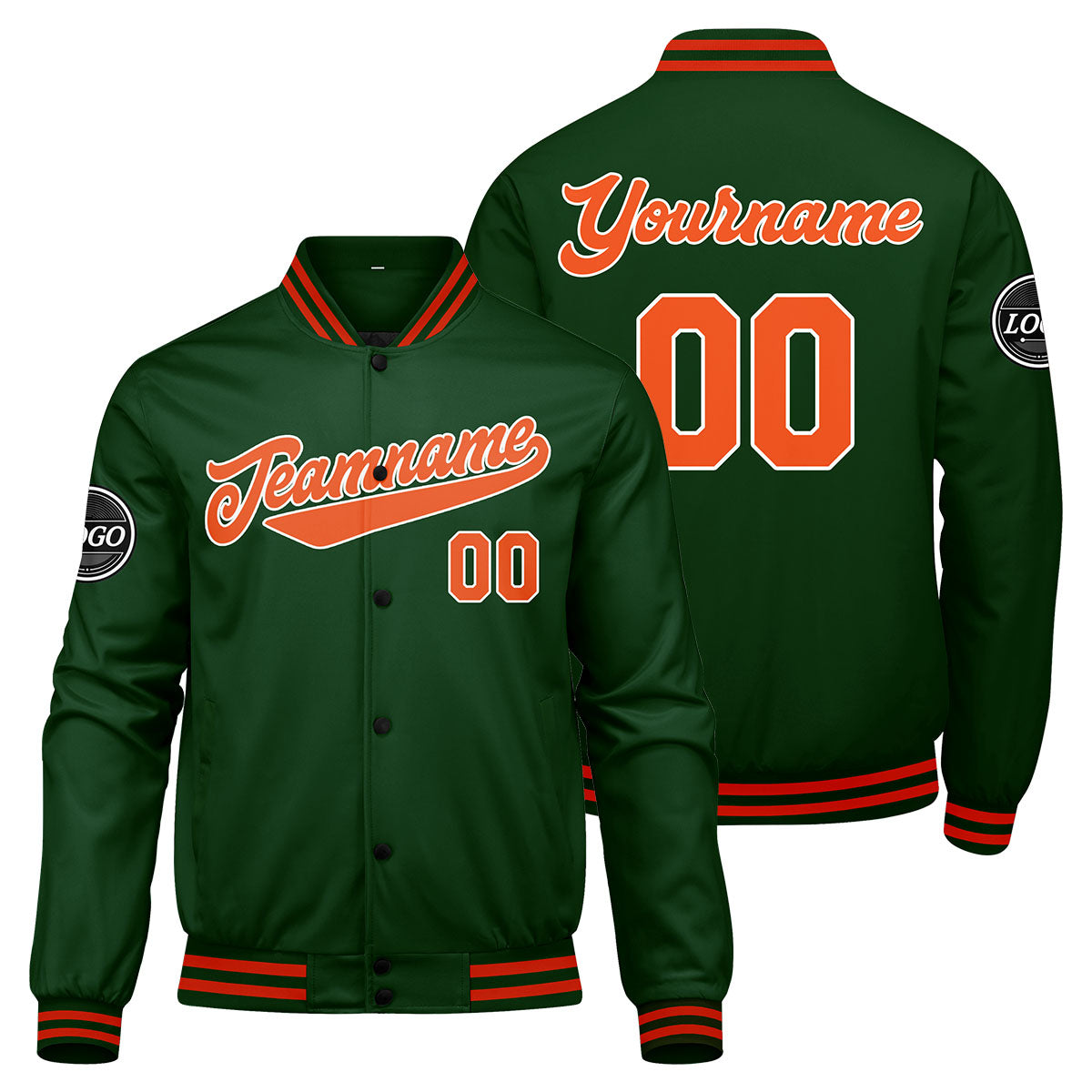 Chaqueta universitaria personalizada estilo Letterman para hombres-mujeres y jóvenes-color verde oscuro y naranja