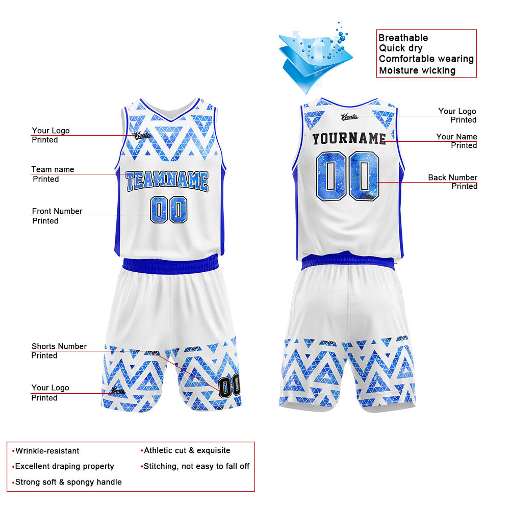Uniforme de baloncesto personalizado blanco y azul con cielo estrellado impreso con tu logotipo-nombre y número