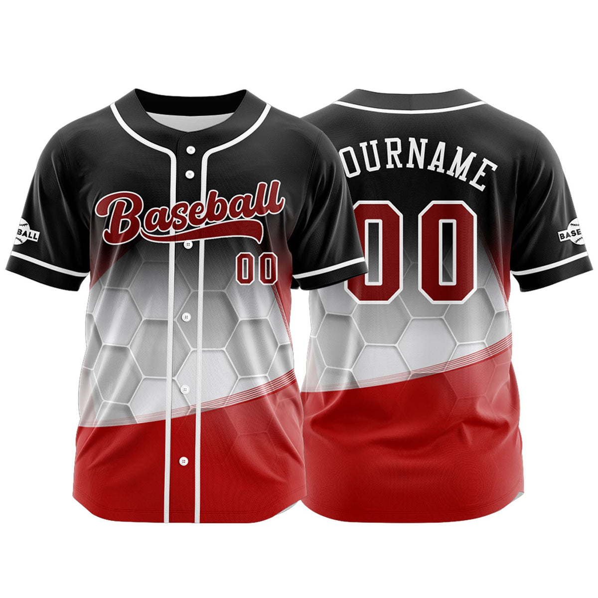 Camiseta de béisbol personalizada negra y roja con botones para hombre mujer adulto y joven Nombre número y logotipo impresos