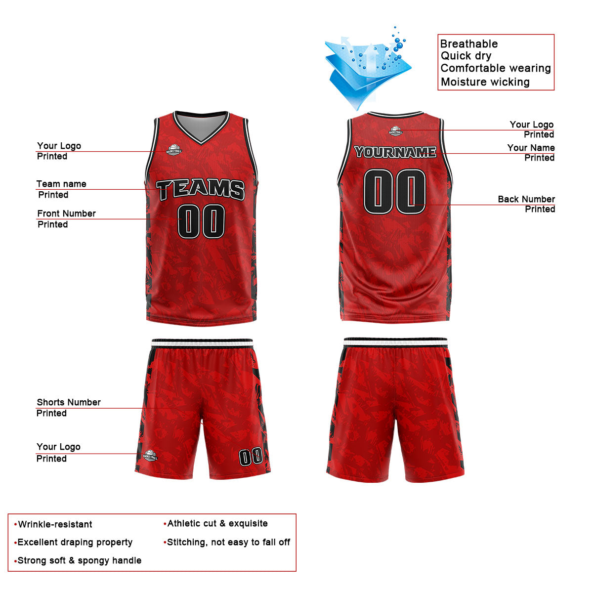 Uniforme de baloncesto personalizado de color rojo roto con tu logotipo-nombre y número impresos