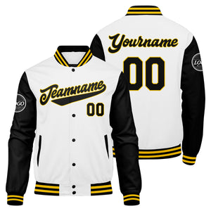 Chaqueta universitaria personalizada estilo Letterman para hombres-mujeres y jóvenes en colores negro-blanco y amarillo