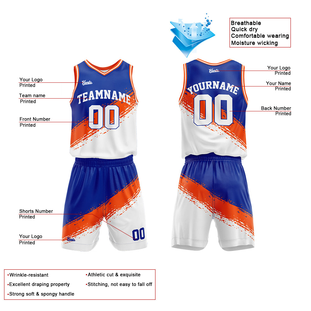 Uniforme de baloncesto personalizado en naranja real y blanco con tu logotipo-nombre y número impresos