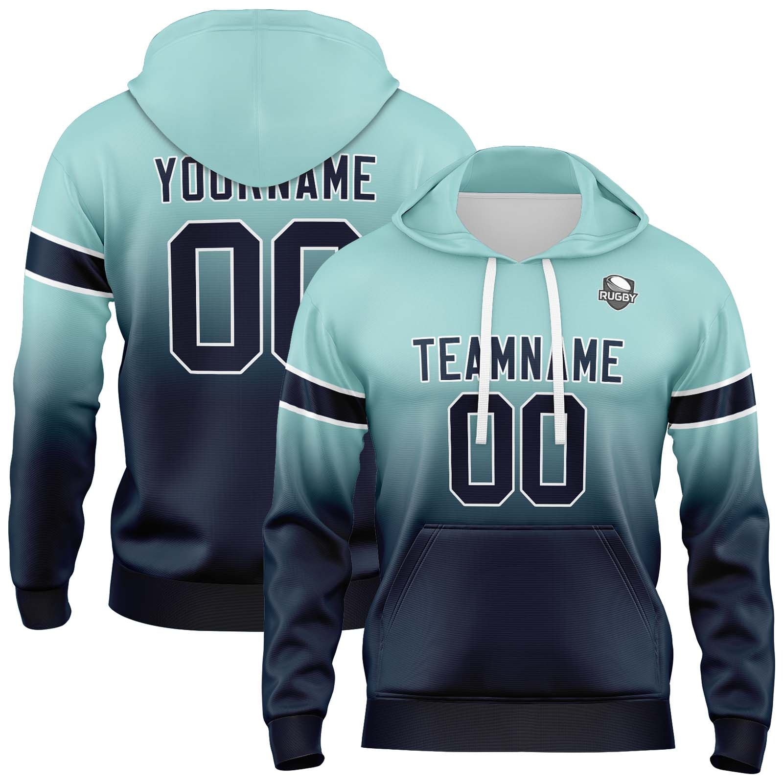 Sudadera con capucha personalizada con degradado para hombre-mujer-niña o niño Estampa tu logotipo-nombre y número en color verde azulado claro y azul marino
