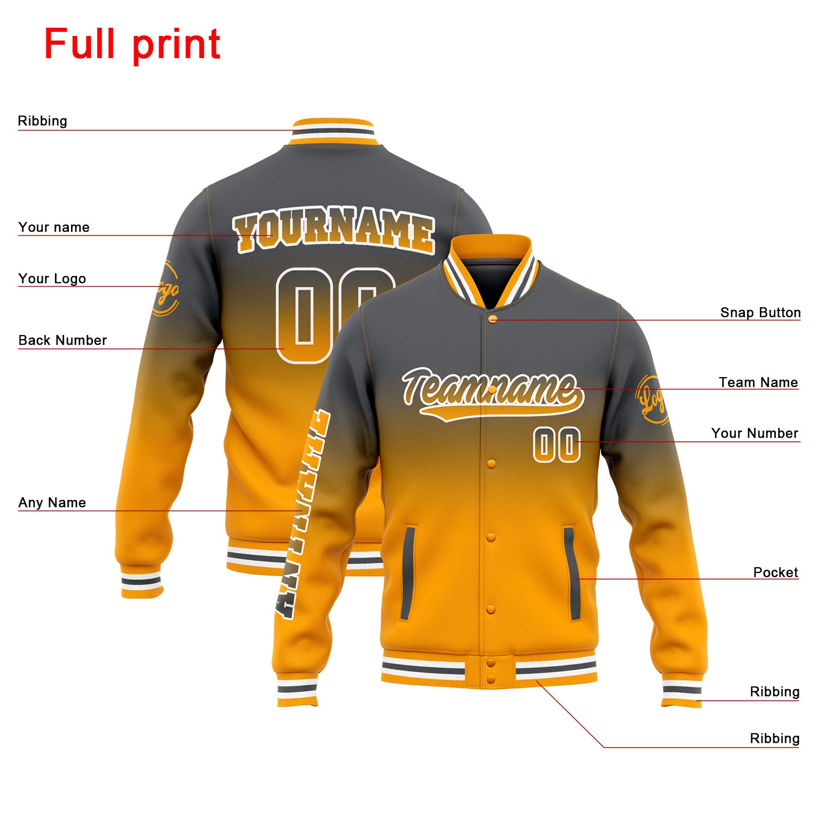 Chaqueta universitaria personalizada estilo Letterman para hombres-mujeres y jóvenes-color gris degradado amarillo