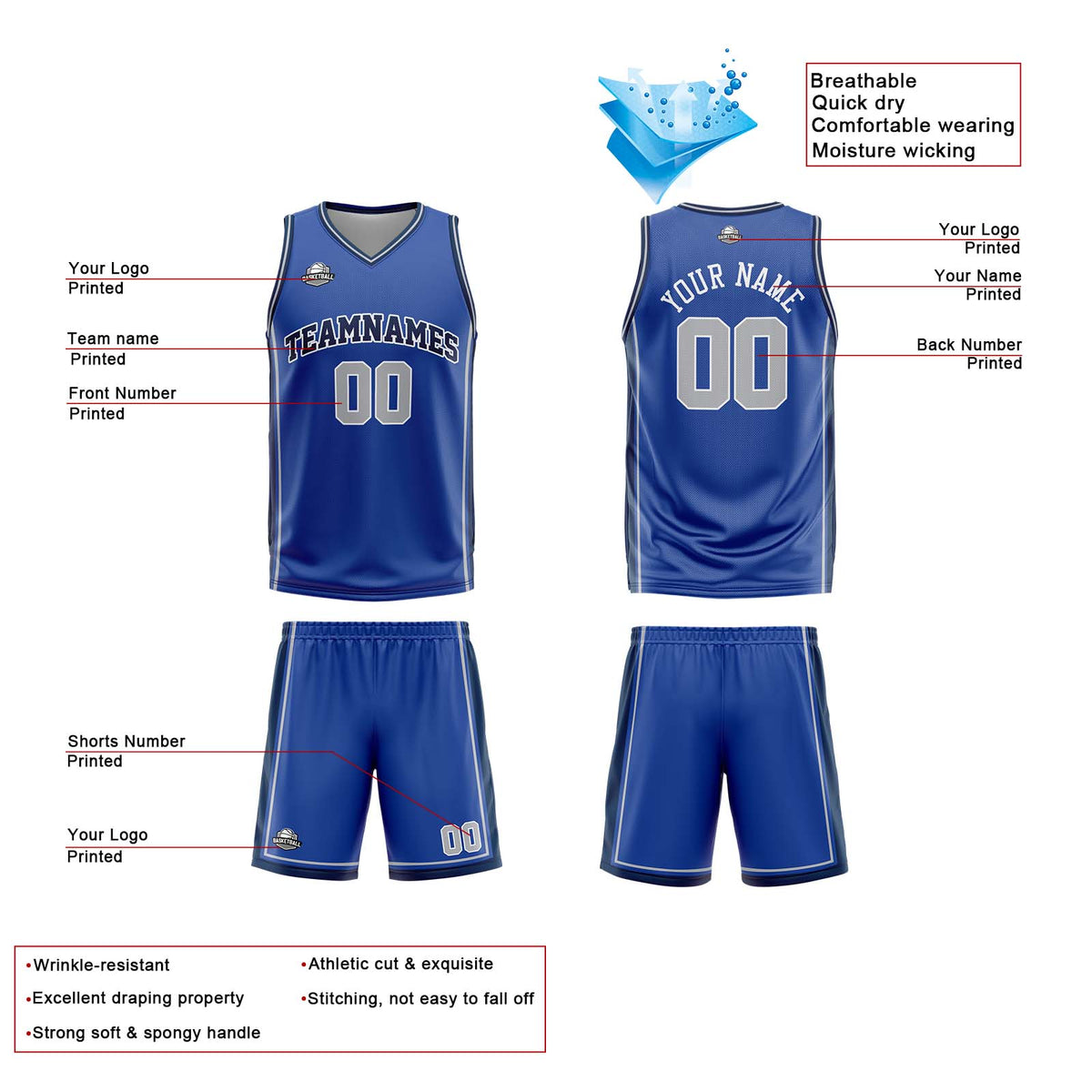 Traje de baloncesto reversible personalizado azul-blanco y gris para adultos y niños